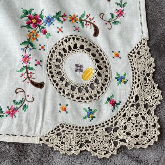 Handarbeit Brode Main Handmade Linen Tablecloth Cross Stitch Embroidery Lace - Picture 1 of 13